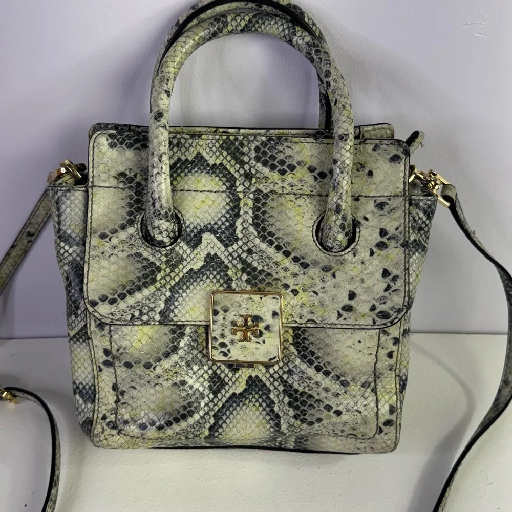Tory Burch Clara Embossed Small Snake Printed Tote Bag  8.3" H x 8" L x 4.5" D - Picture 3 of 15